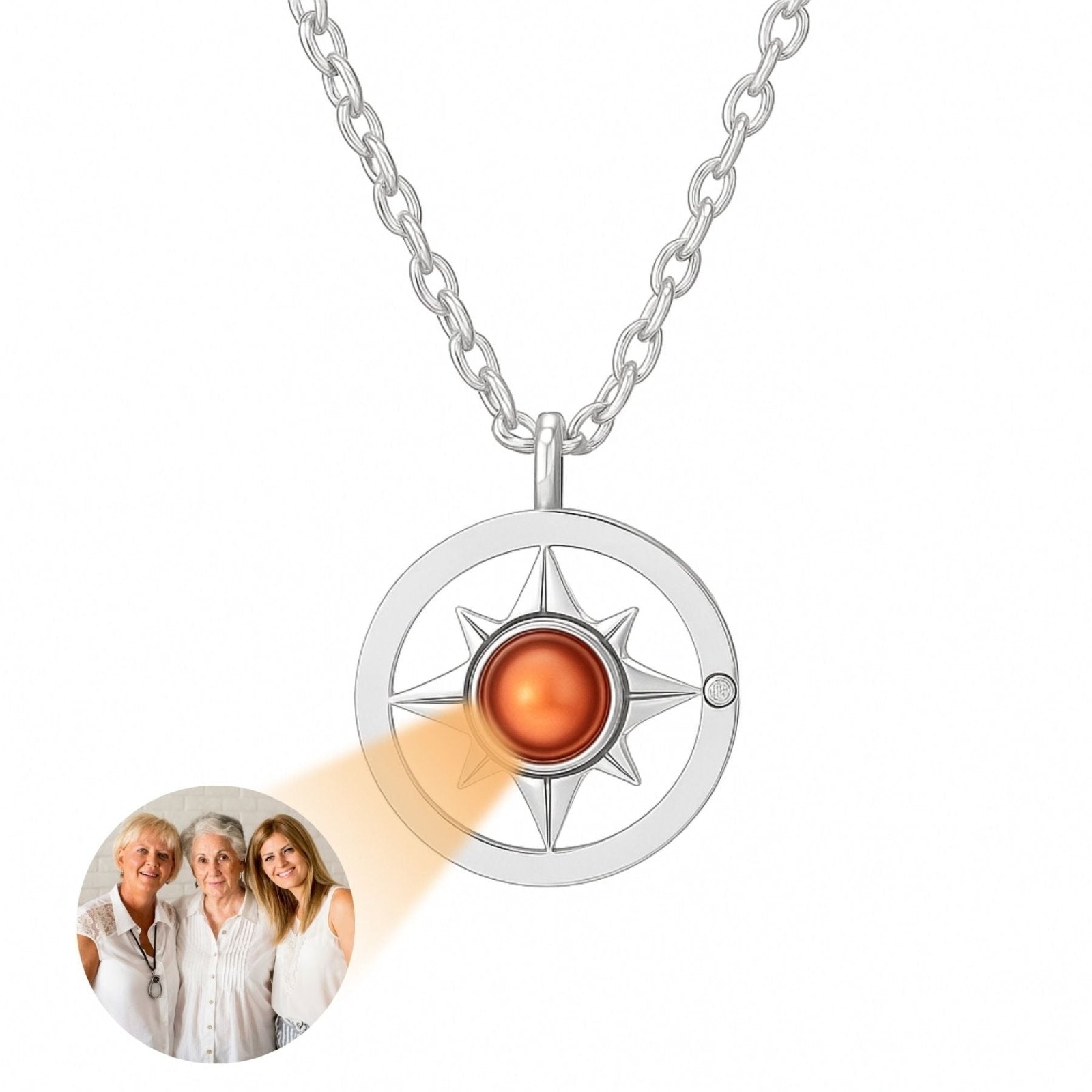 Collier projecteur photo personnalisé, pendentif rose des vents en inoxydable, modèle Lysandra