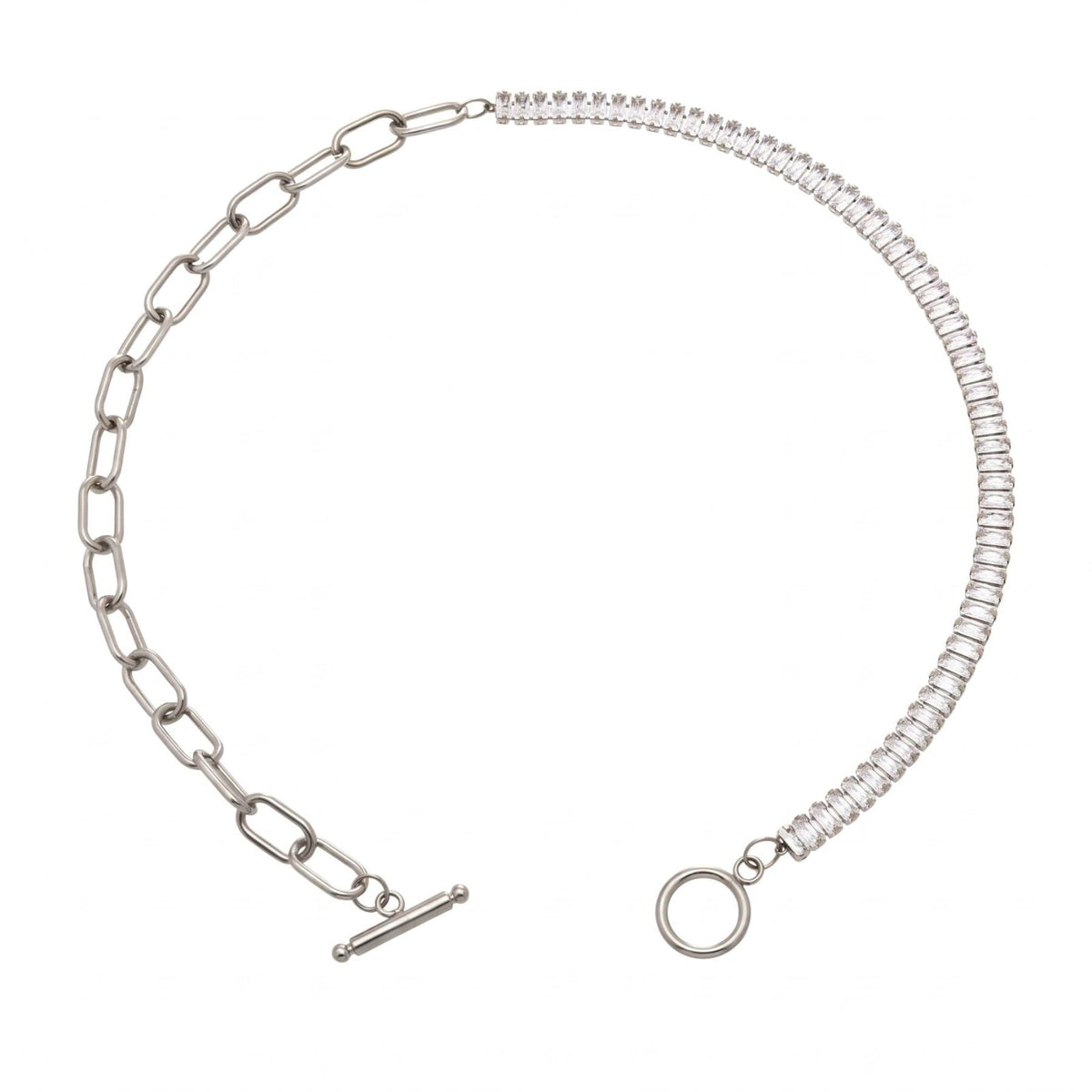 Collier ras de cou asymétrique pour femme, en acier inoxydable, demi-chaîne tennis sertie de zircons et maillons rectangulaires