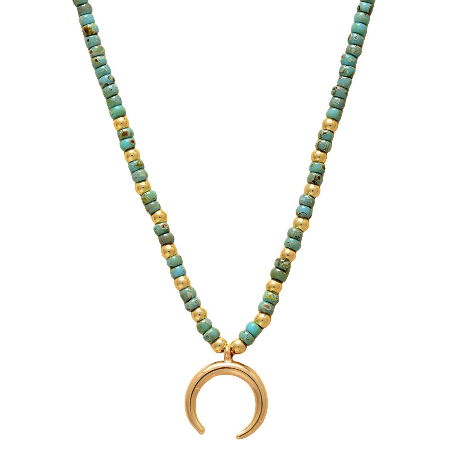 Collier ras - de - cou en perles de turquoise naturelle et pendentif lune dorée, style bohème chic