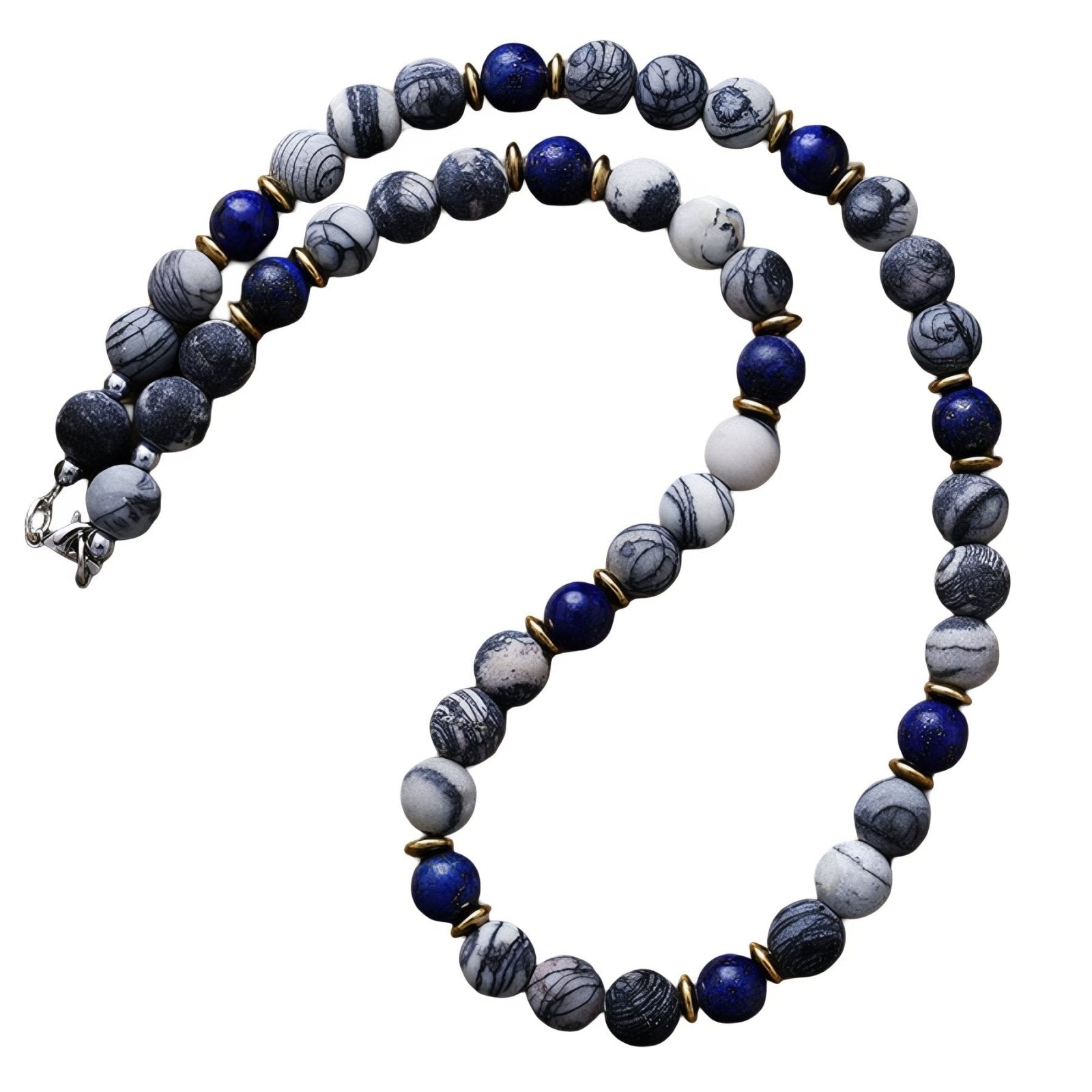 Collier ras - de - cou en pierres naturelles, Lapis - Lazuli et Jaspe zébré, perles 8 mm