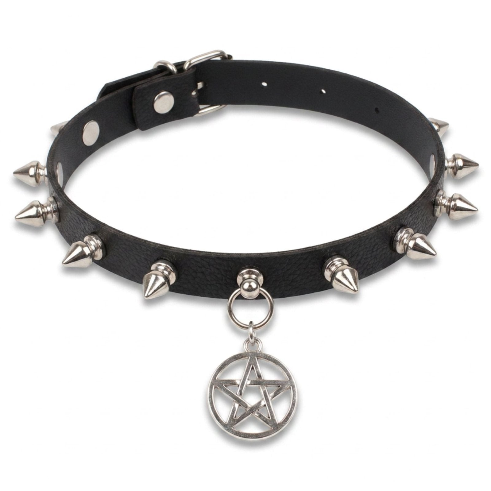 Collier ras de cou gothique punk pour femme, en simili cuir noir, avec pendentif pentagramme et clous argentés