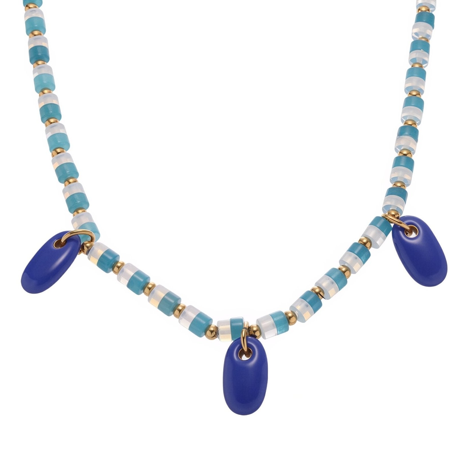 Collier ras - de - cou perles bleues, pendentifs gouttes, en acier inoxydable doré
