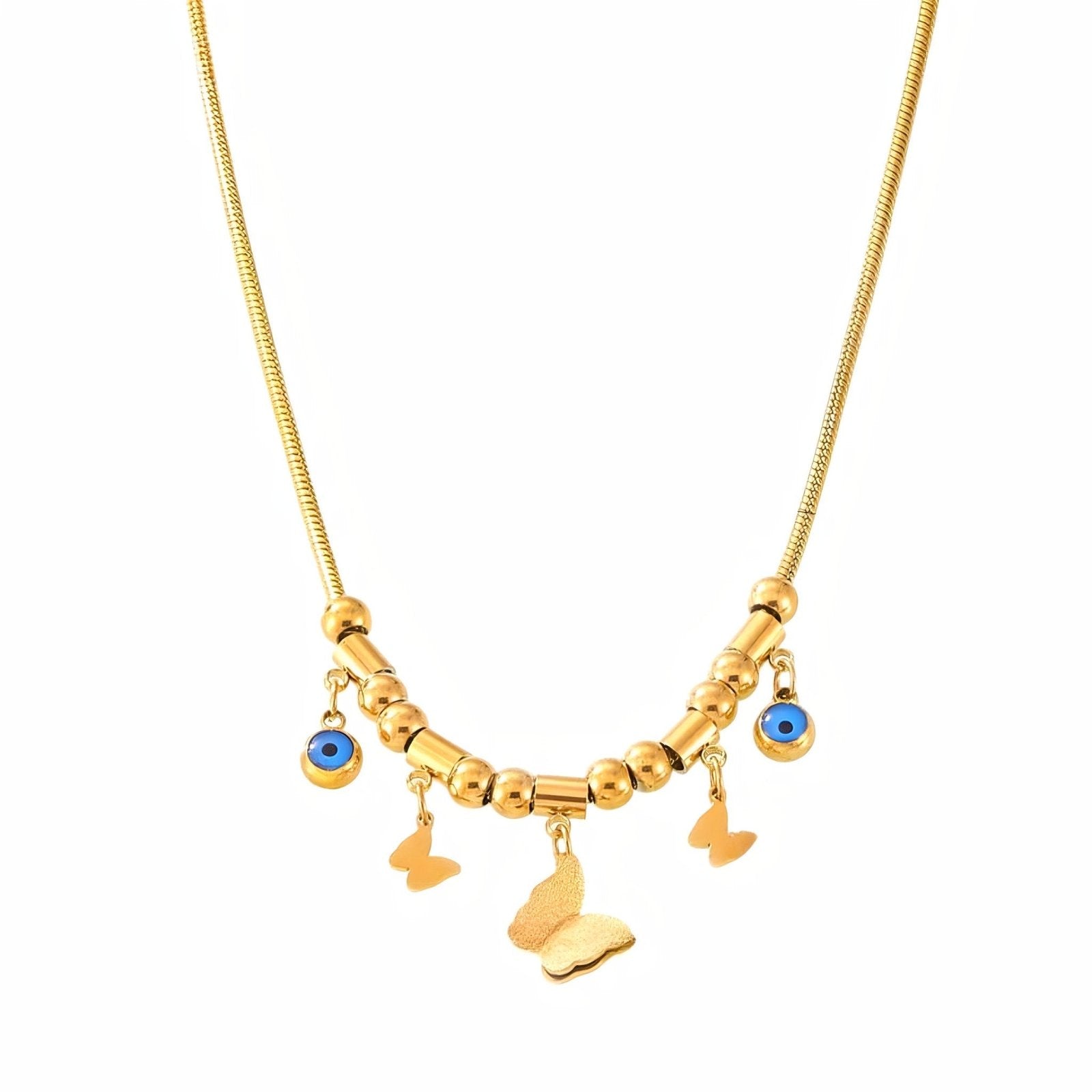 Collier ras du cou doré, style charms, pendentifs papillons et œil bleu, acier titane, modèle Angelina