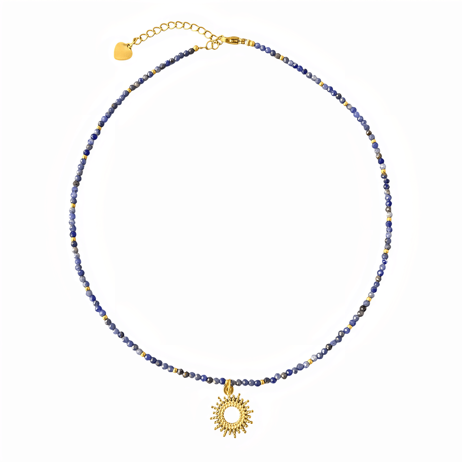 Collier ras - du - cou pierres naturelles de sodalite, pendentif soleil, doré 18K, modèle Regina