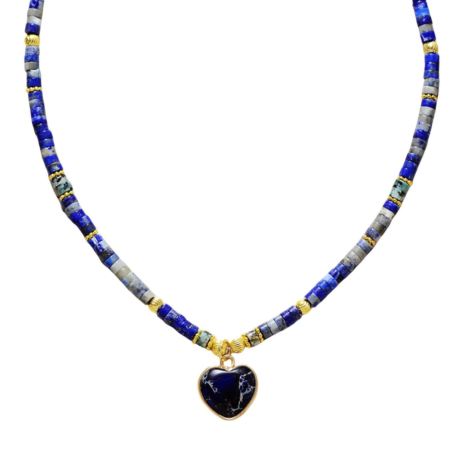 Collier ras - du - cou pour femme, pierres naturelles lapis lazuli et pendentif cœur, style bohème