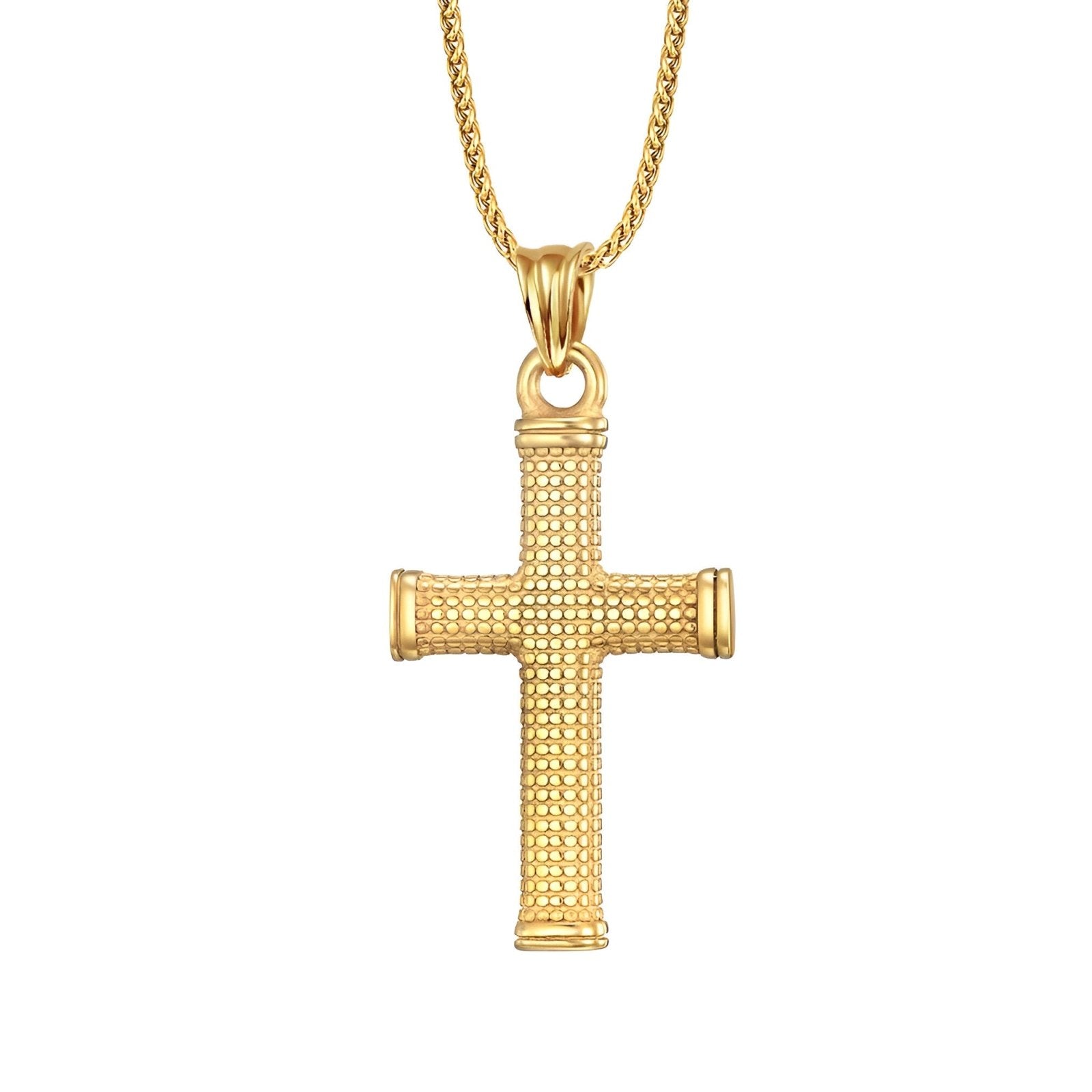 Collier religieux homme, croix texturée dorée sur chaîne spiga, modèle Miguel