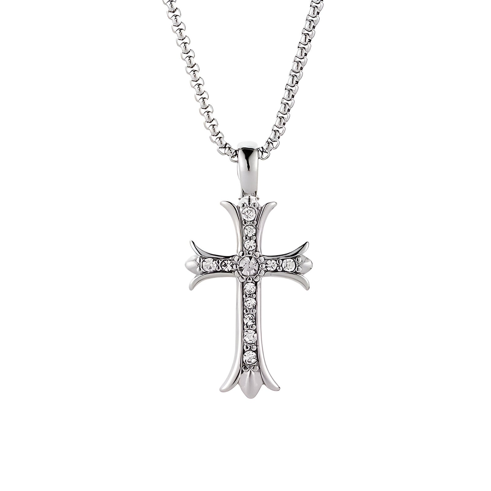 Collier religieux tendance, croix stylisée argentée en acier, zircon brillant, modèle Noah