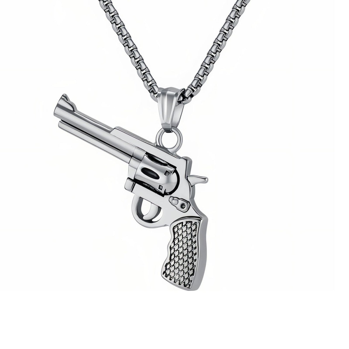 Collier revolver pour homme, en acier inoxydable, pendentif pistolet western sculpté