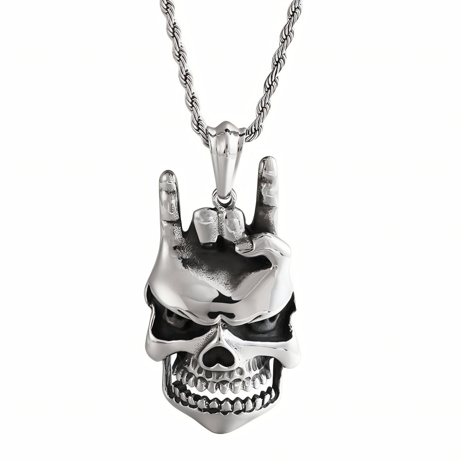 Collier rock pour homme, avec pendentif tête de mort et signe de main rock, en acier inoxydable