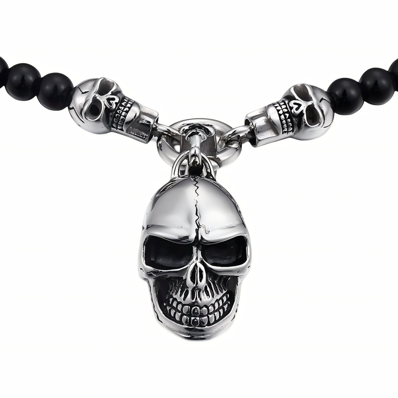 Collier rock pour homme, avec perles de verre et pendentif tête de mort en acier inoxydable
