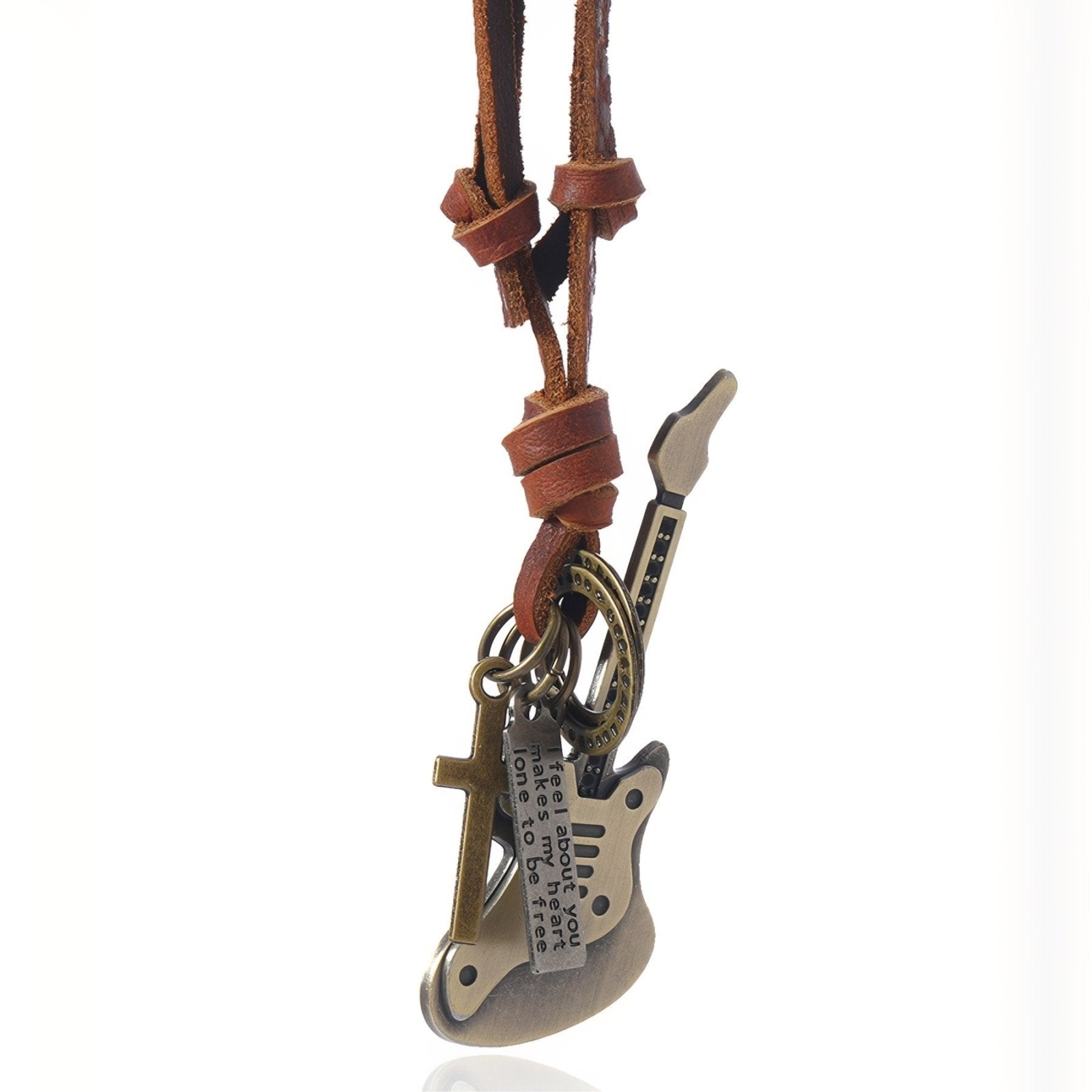 Collier rock vintage unisexe, pendentif guitare électrique, cordon en cuir noir ou marron