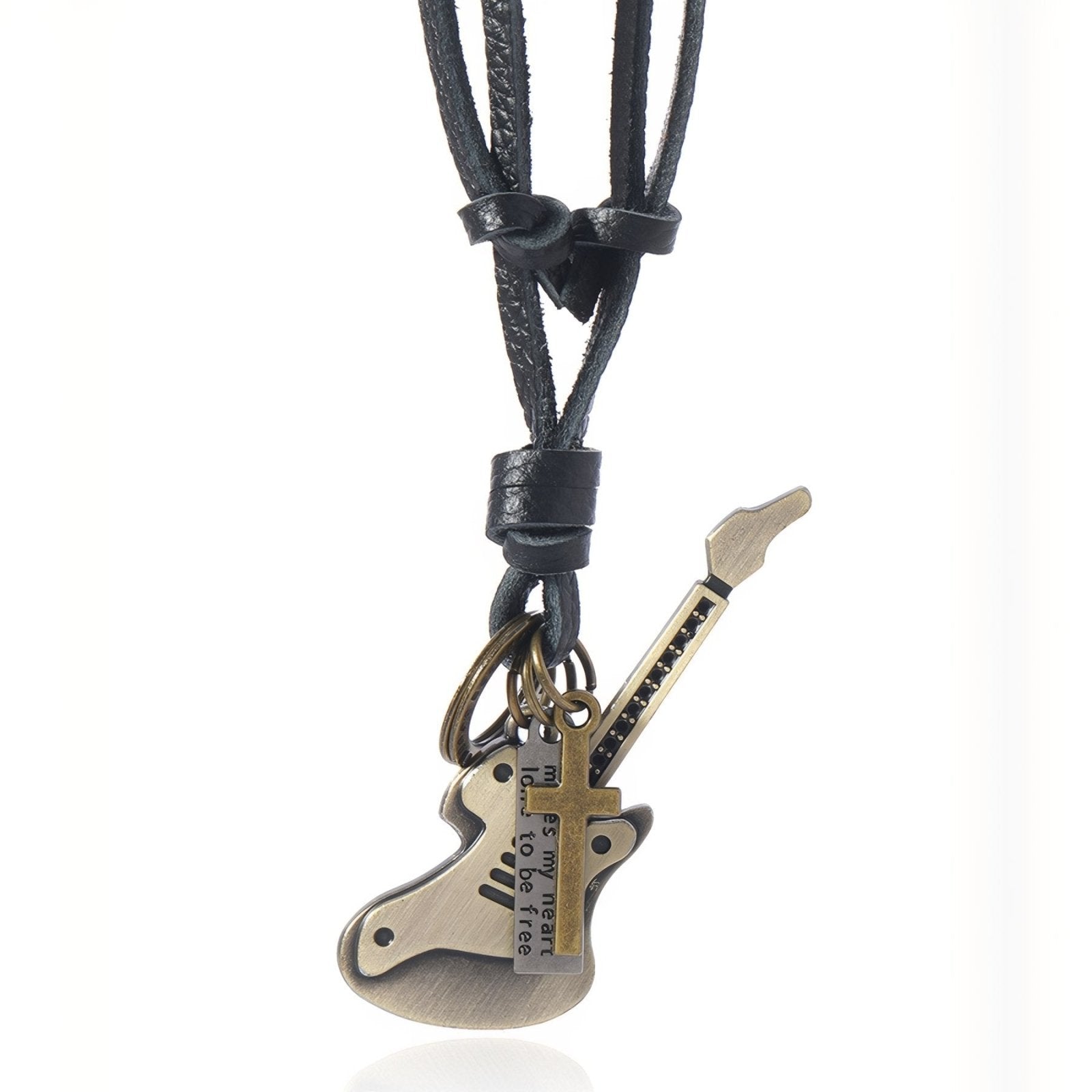 Collier rock vintage unisexe, pendentif guitare électrique, cordon en cuir noir ou marron