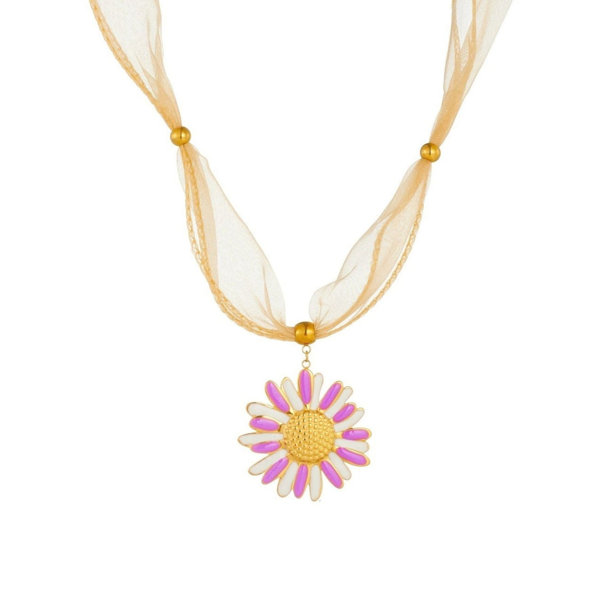 Collier ruban tournesol pour femme, en acier inoxydable, pendentif floral violet et blanc