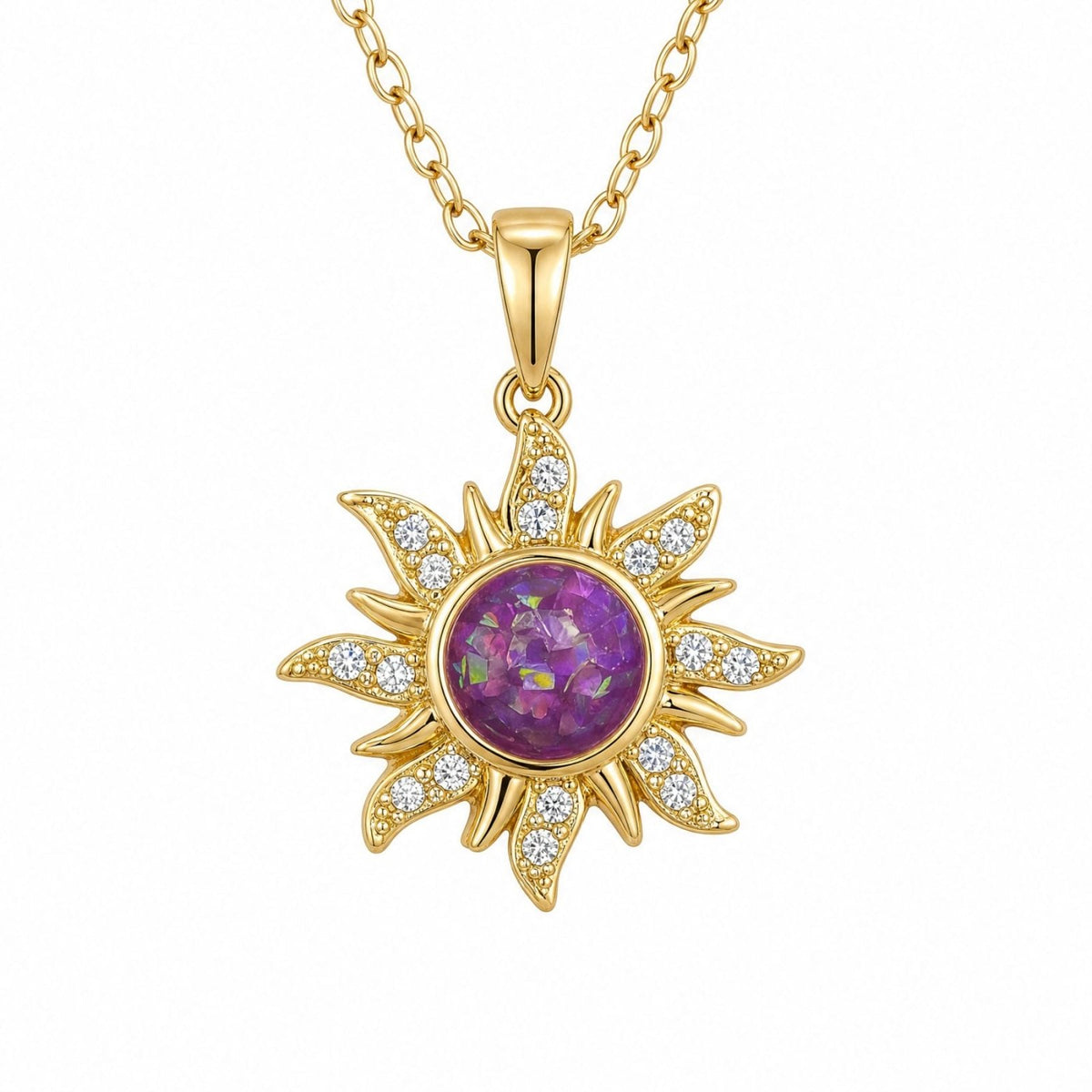 Collier soleil pour femme, en acier inoxydable doré, pendentif rond effet irisé serti de zircons
