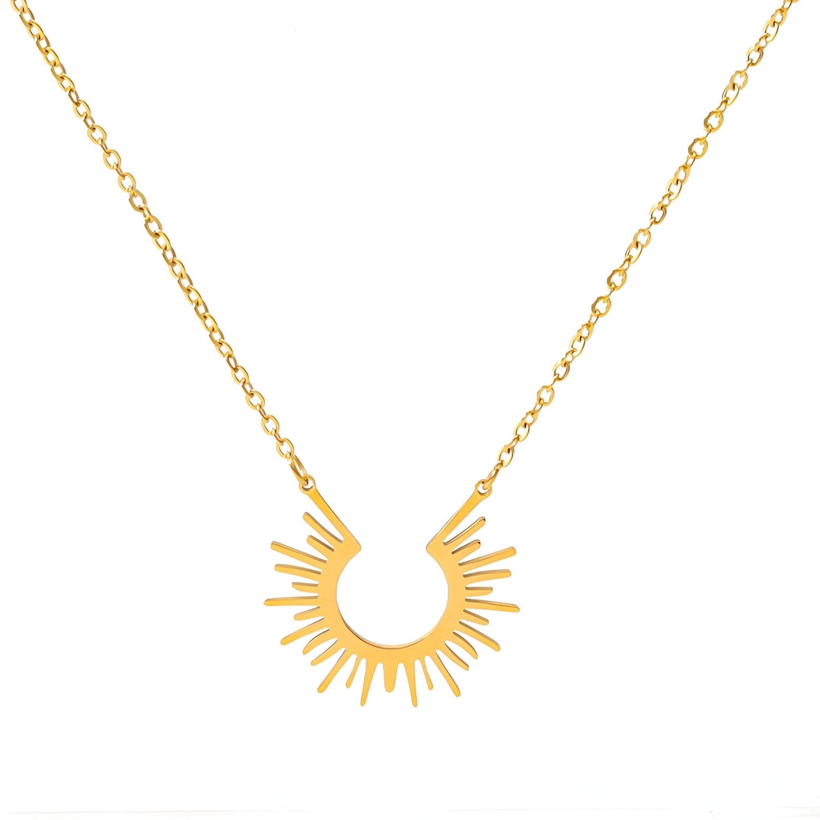 Collier soleil stylisé en acier inoxydable doré, bijou bohème pour femme moderne, modèle Sola