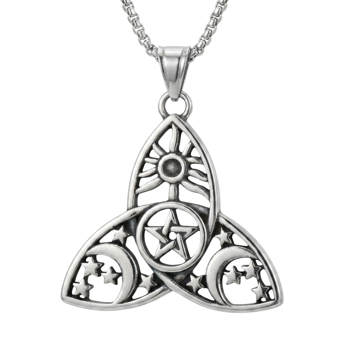 Collier sorcière unisexe, en acier inoxydable, avec pendentif lune et étoiles
