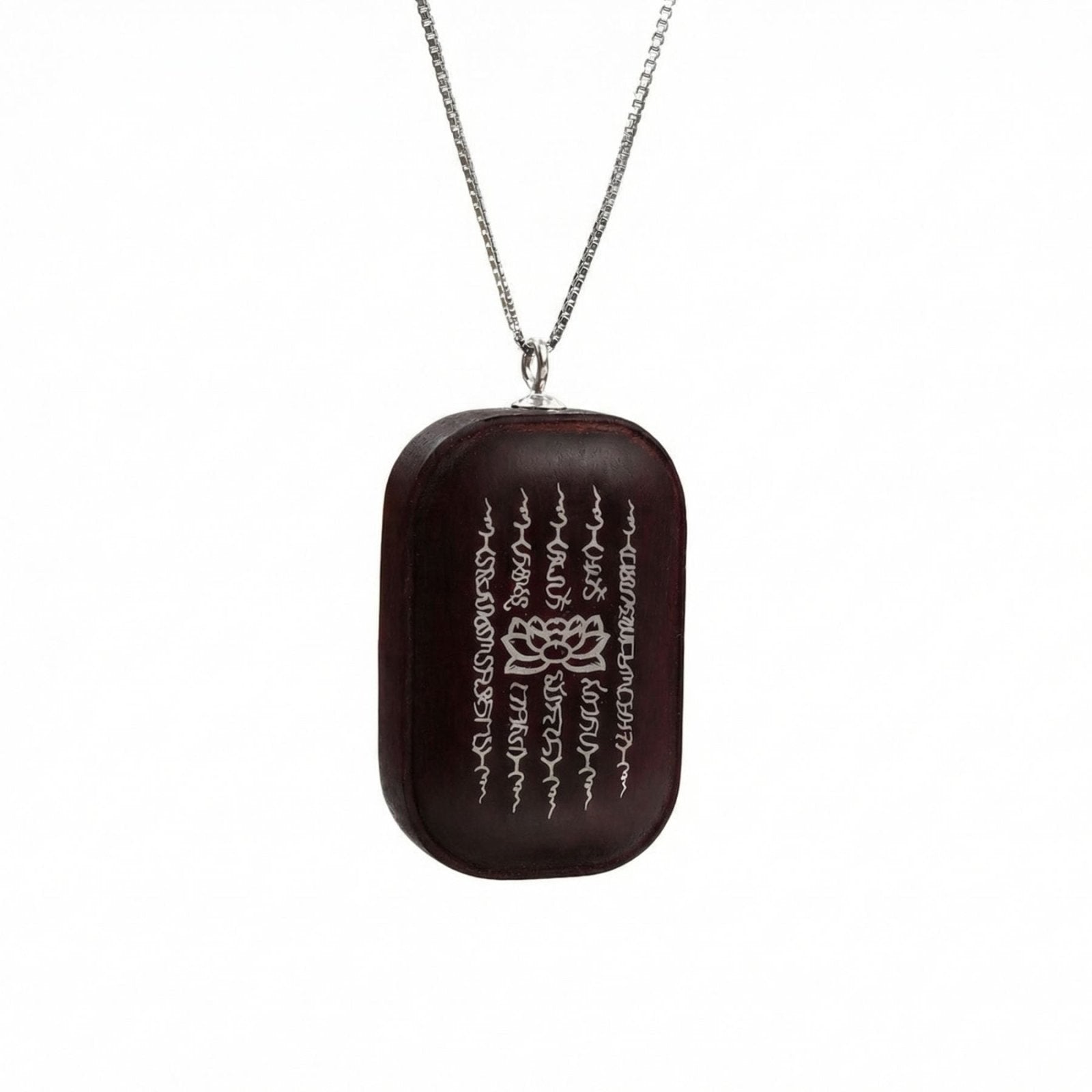 Collier spirituel en bois de santal, avec pendentif rectangulaire bouddhistes incrusté d'argent