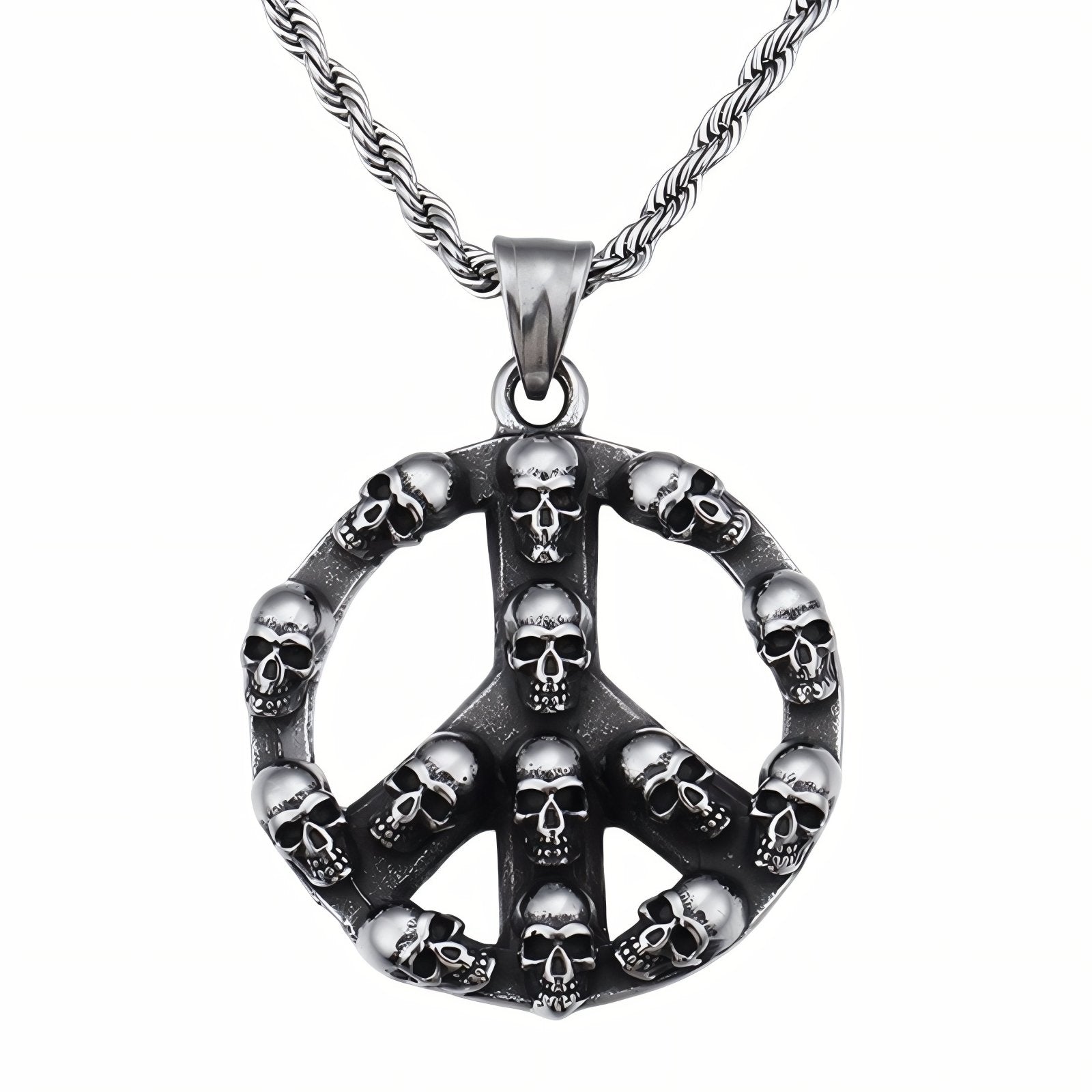 Collier streetwear pour homme, avec pendentif au symbole paix et têtes de mort, en acier inoxydable
