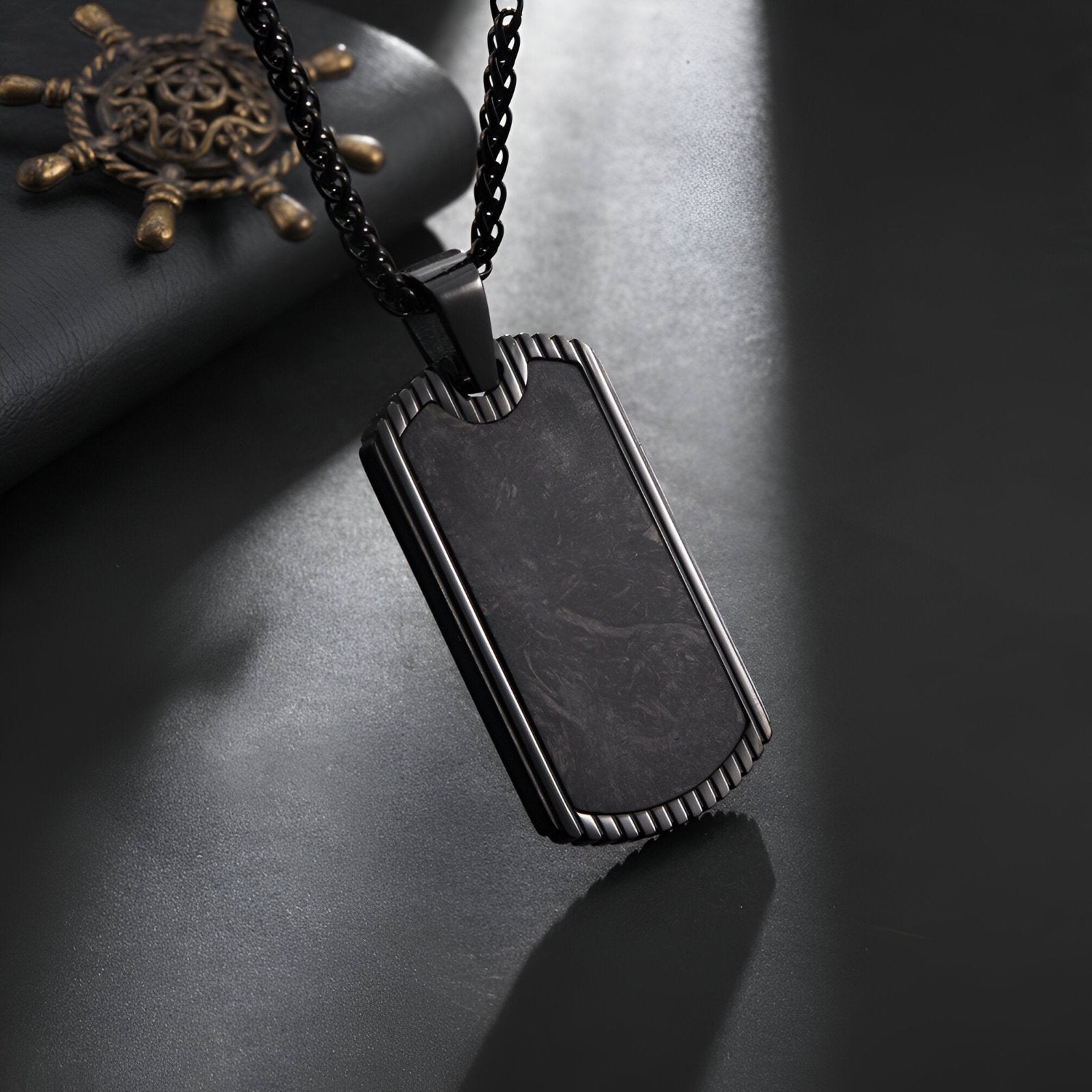 Collier style armée noir, plaque en acier et fibre de carbone, pour homme, modèle Marshall
