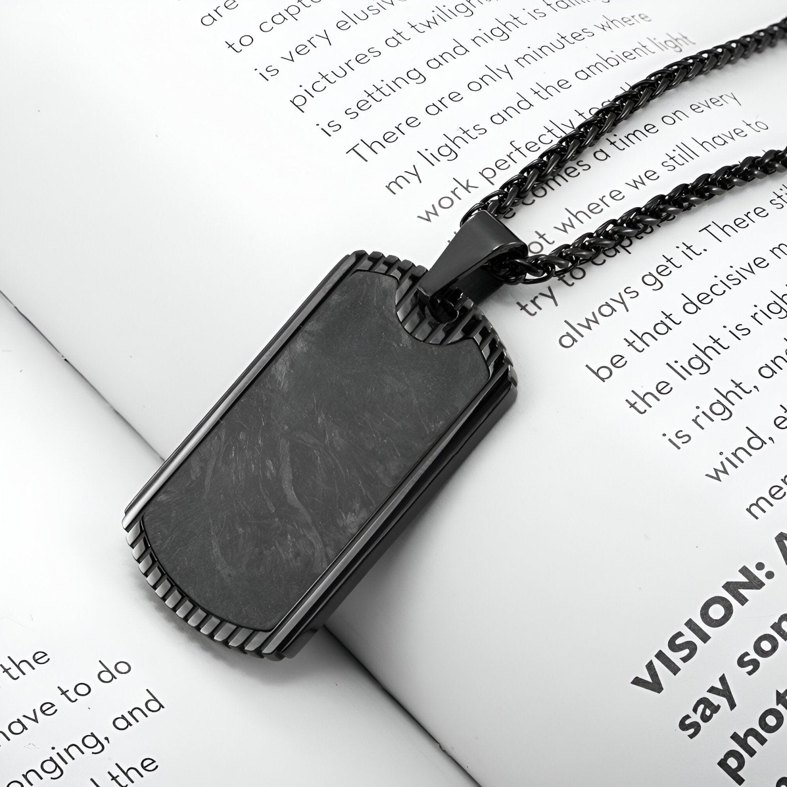 Collier style armée noir, plaque en acier et fibre de carbone, pour homme, modèle Marshall