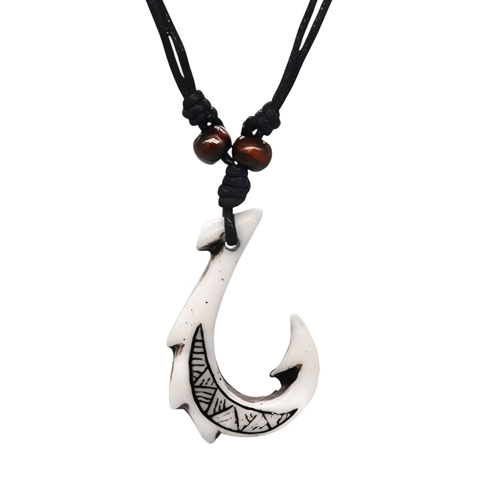 Collier style Maori homme, pendentif crochet polynésien, en résine sculptée et cuir
