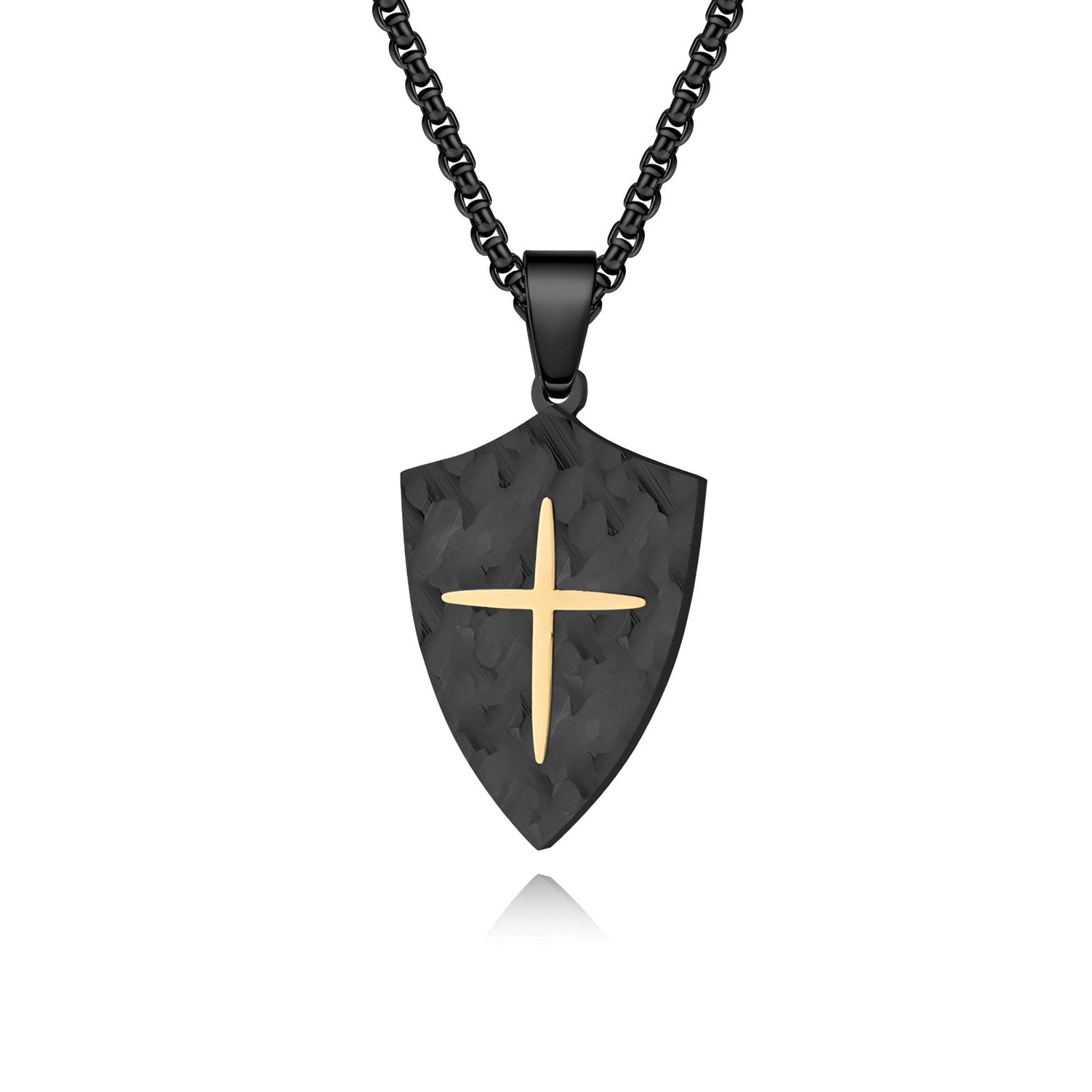 Collier style médiéval homme, bouclier texturé et croix incrustée, modèle Léonard