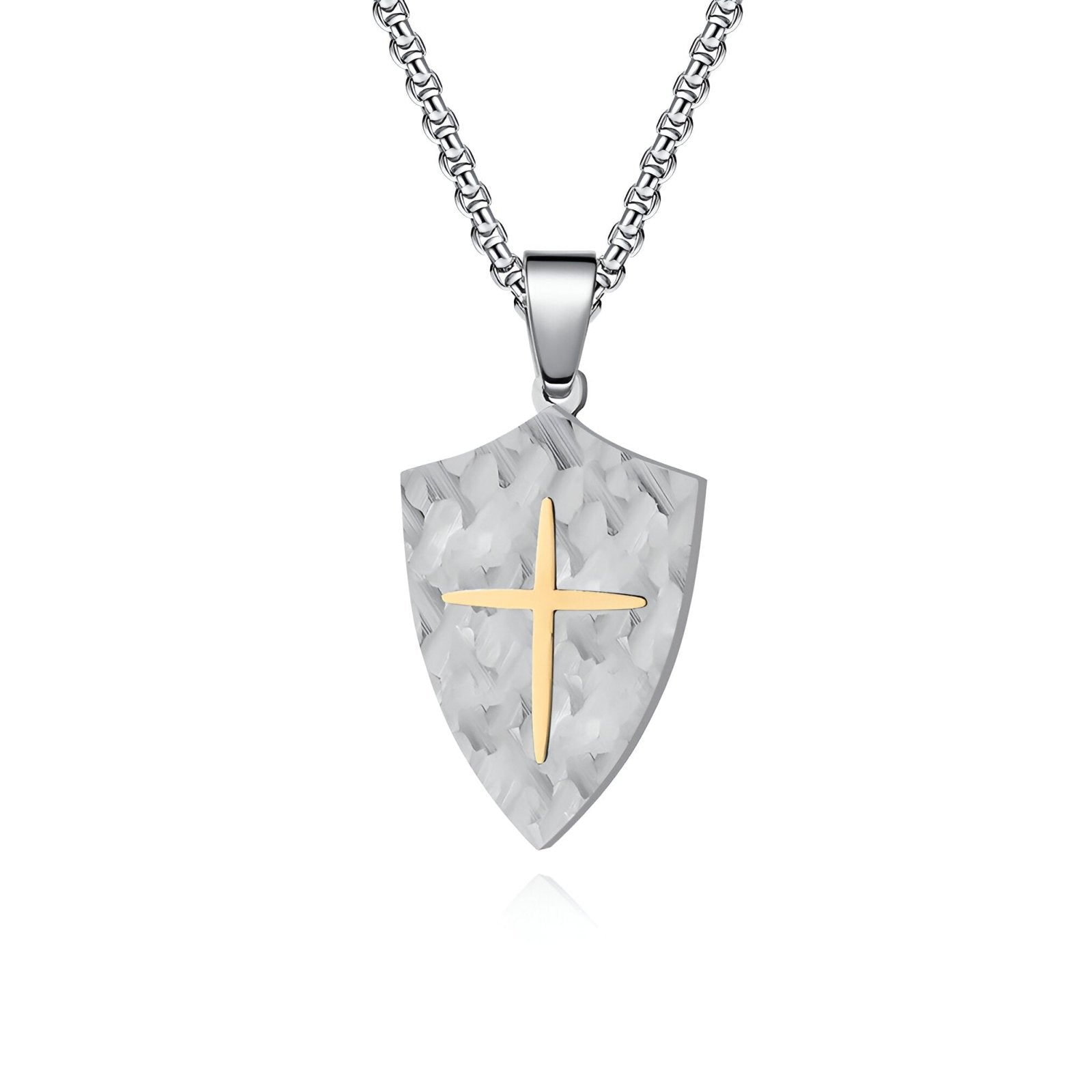 Collier style médiéval homme, bouclier texturé et croix incrustée, modèle Léonard