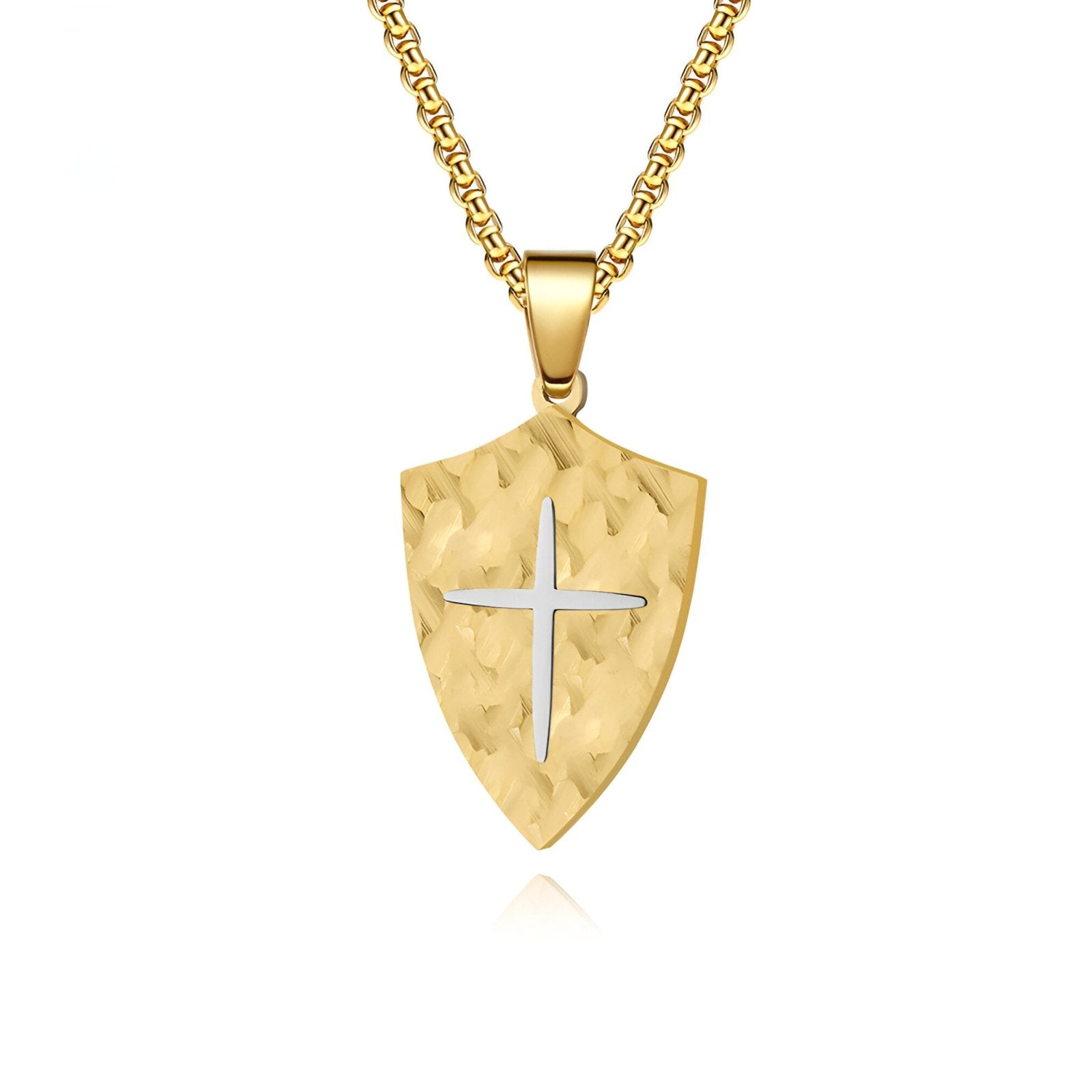Collier style médiéval homme, bouclier texturé et croix incrustée, modèle Léonard