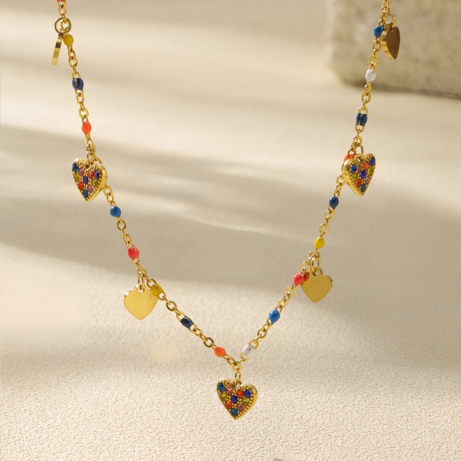 Collier tendance pour femme, acier inoxydable, pendentifs cœurs émaillés et zircons multicolores