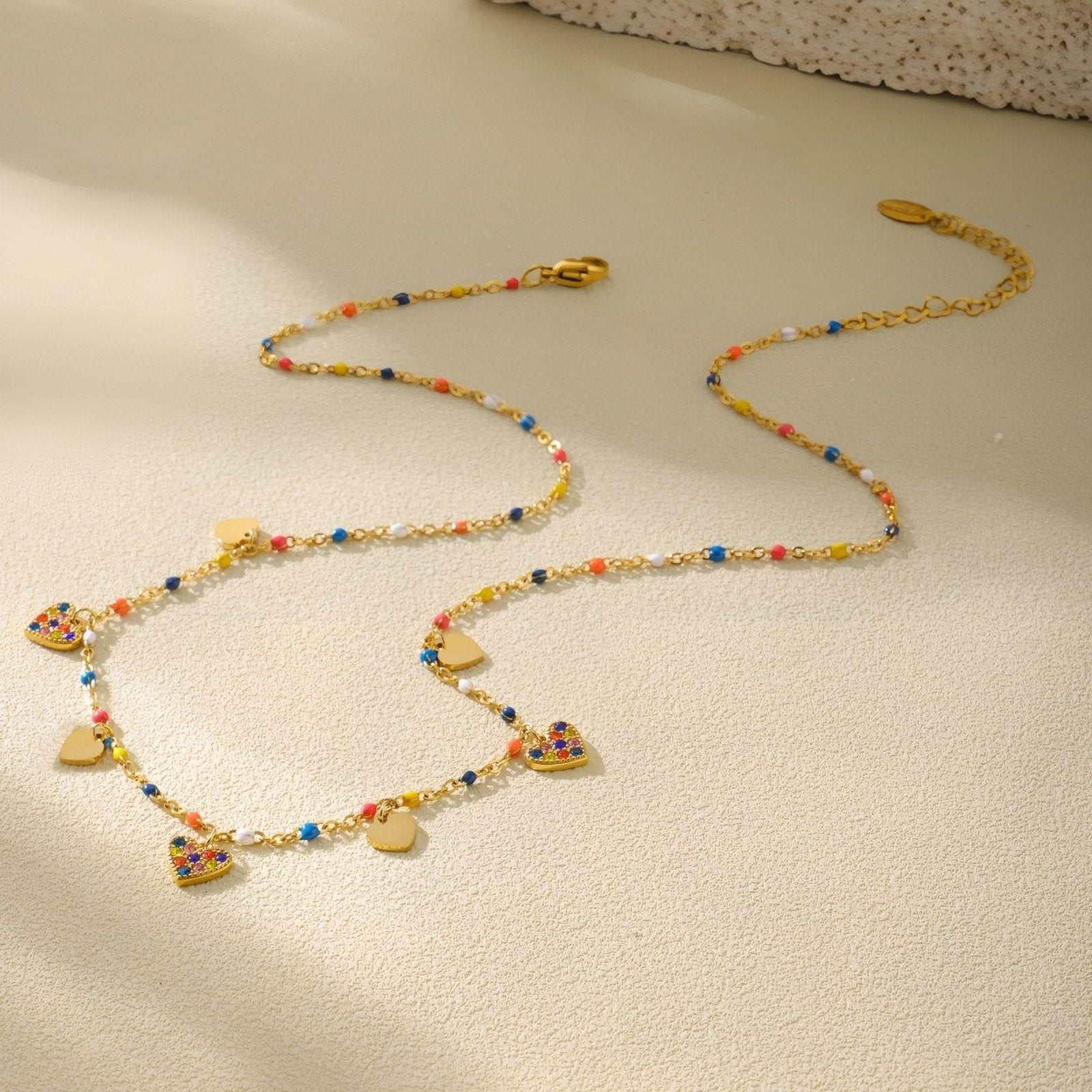 Collier tendance pour femme, acier inoxydable, pendentifs cœurs émaillés et zircons multicolores