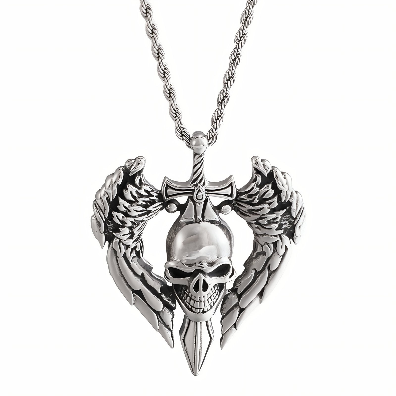 Collier tête de mort gothique pour homme, avec pendentif crâne ailé et épée, en acier inoxydable