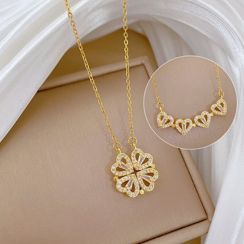 Collier transformable 2 - en - 1, trèfle cœur strass doré, acier inoxydable, modèle Anaé