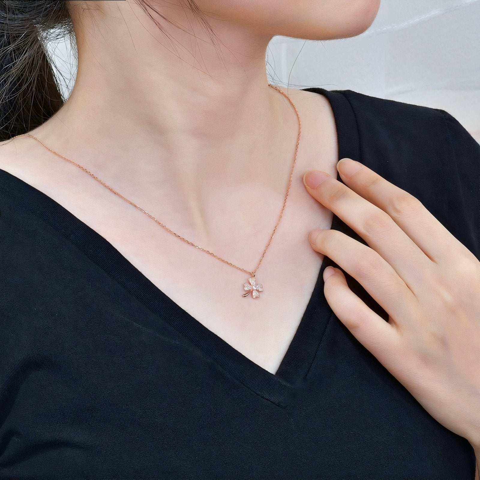 Collier trèfle porte - bonheur en argent 925, serti de zircons, or rose ou argenté, modèle Alaina