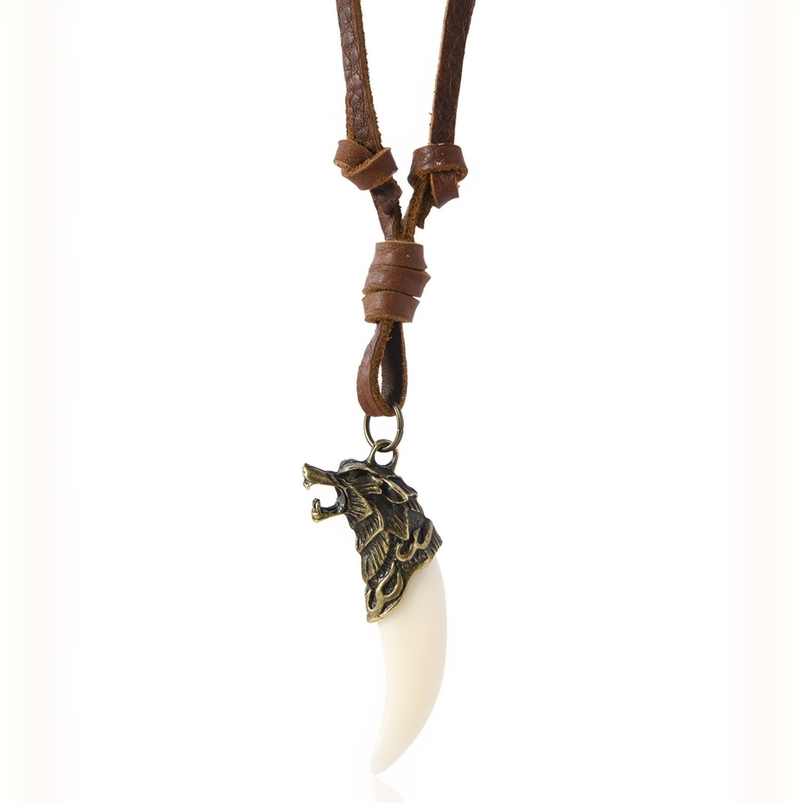 Collier tribal unisexe, pendentif croc et tête de loup, cordon en cuir noir ou marron