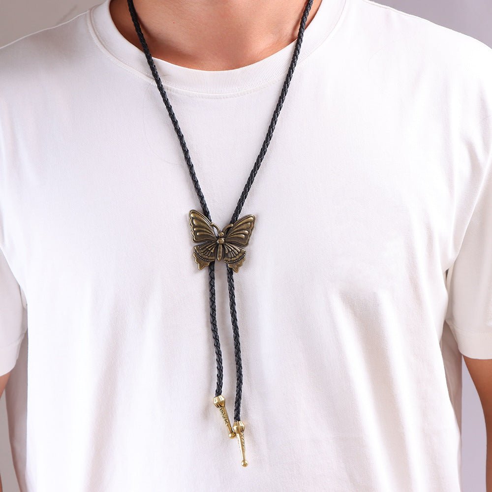 Collier unisexe bolo tie papillon, cuir noir tressé, style cowboy vintage