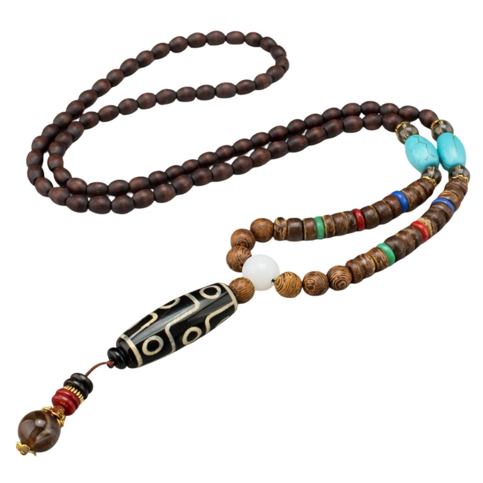 Collier unisexe en perles de bois, avec pendentif talisman Dzi et pierre naturelle, style artisanale