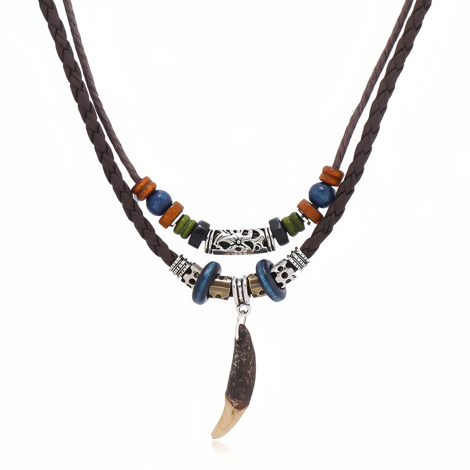 Collier unisexe style tribal, cordon cuir tressé et pendentif griffe ethnique, avec perles en bois et simili cuiret