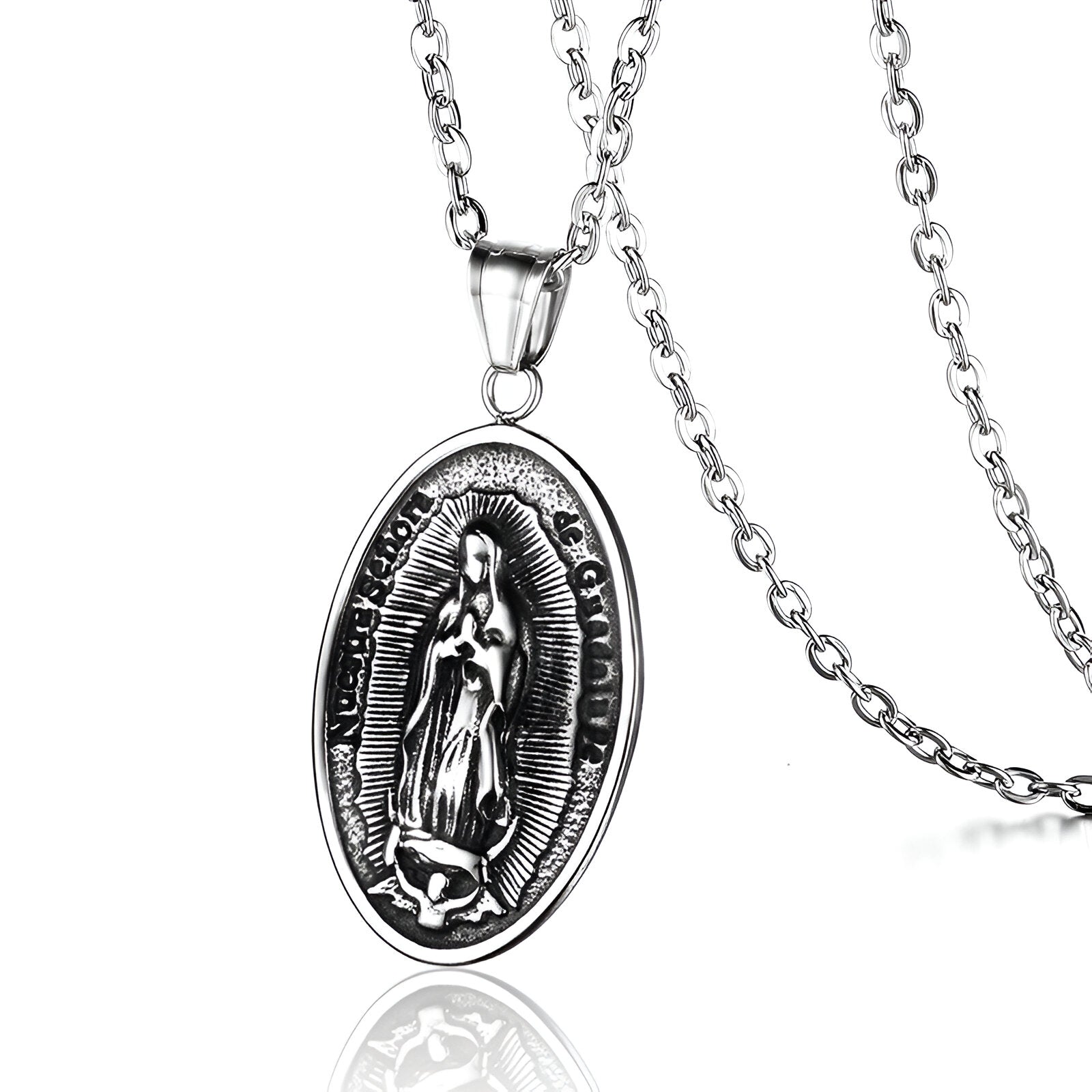 Collier unisexe Vierge Marie, chaîne forçat et pendentif ovale religieux, acier inoxydable, modèle Guadalupe