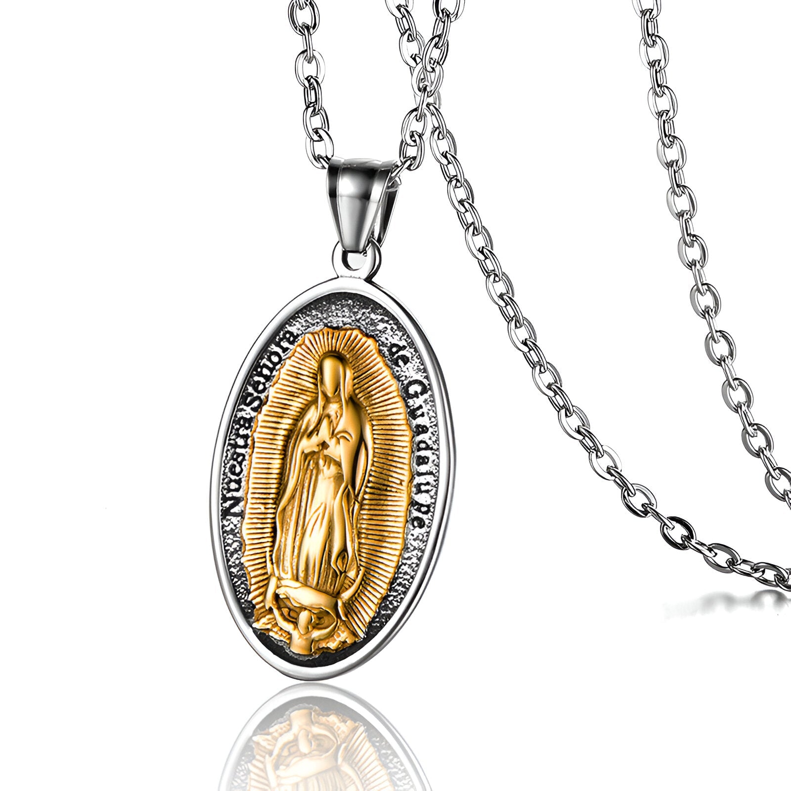 Collier unisexe Vierge Marie, chaîne forçat et pendentif ovale religieux, acier inoxydable, modèle Guadalupe