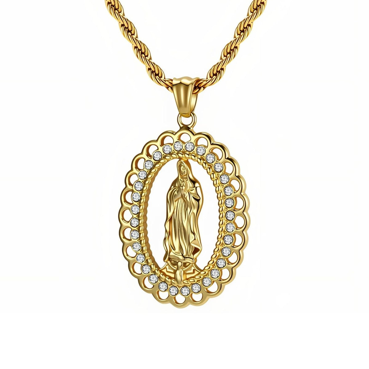 Collier Vierge Marie pour homme, en acier inoxydable, pendentif religieux ovale orné de pierres brillantes
