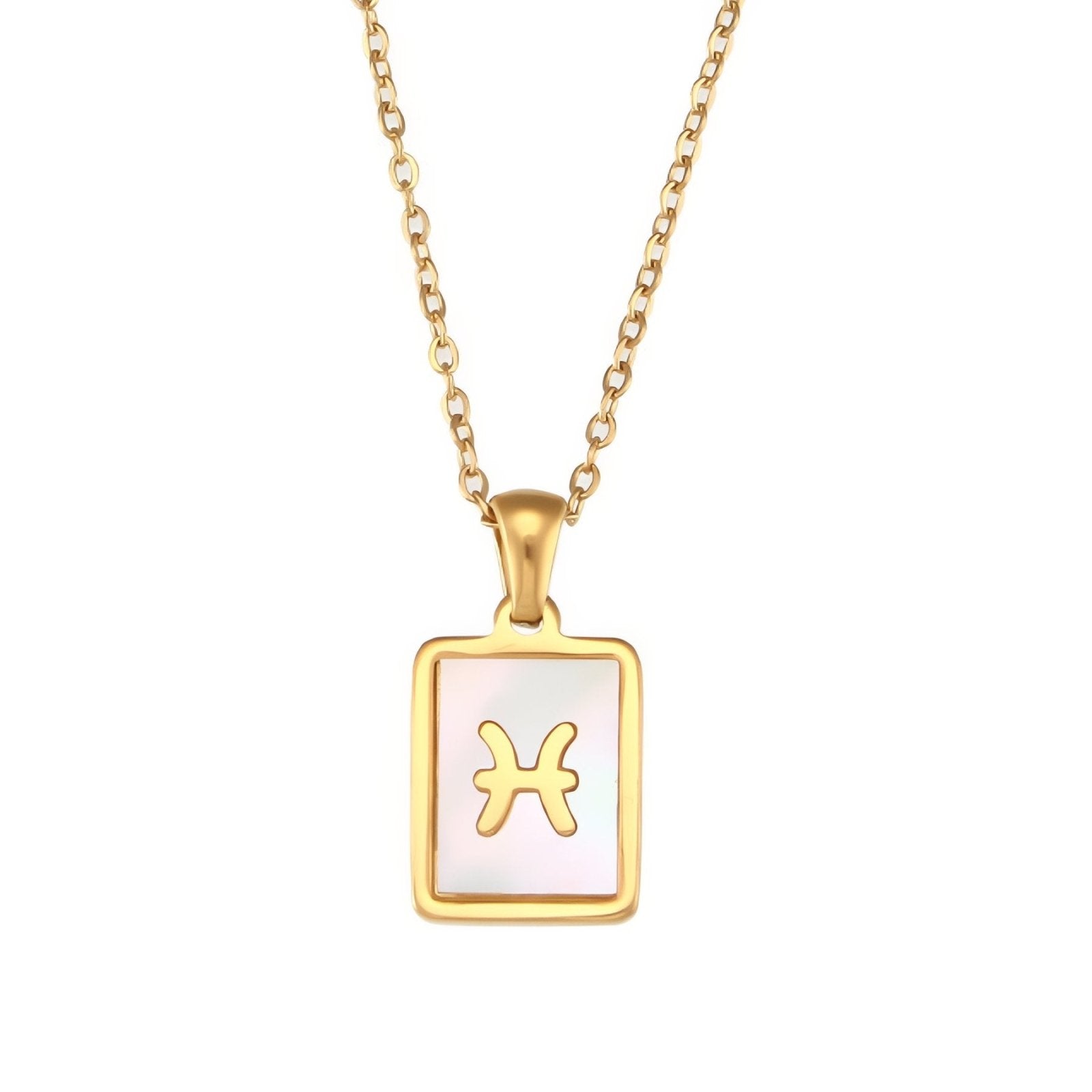Collier zodiaque femme, pendentif signe astrologique rectangle nacré, en acier inoxydable plaqué or