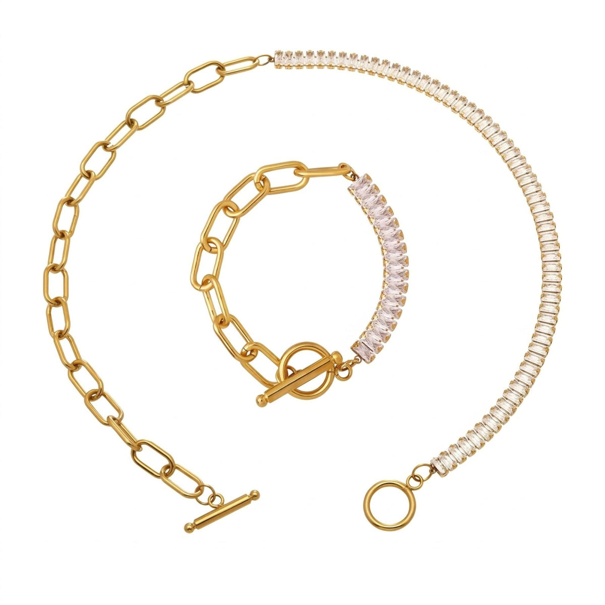 Parure collier et bracelet asymétrique pour femme, en acier inoxydable, demi-chaîne tennis sertie de zircons et maillons rectangulaires