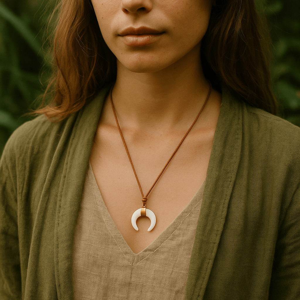 Sautoir ajustable en cuir naturel, pendentif corne blanche ou noire, bijou tendance, modèle Cruise