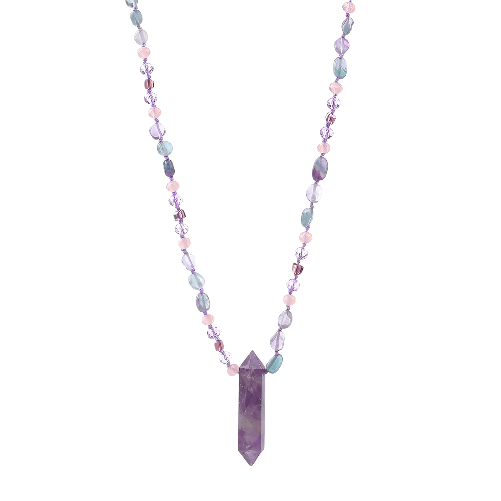 Sautoir artisanal en fluorite et améthyste, bijou énergétique facetté, modèle Cristalis