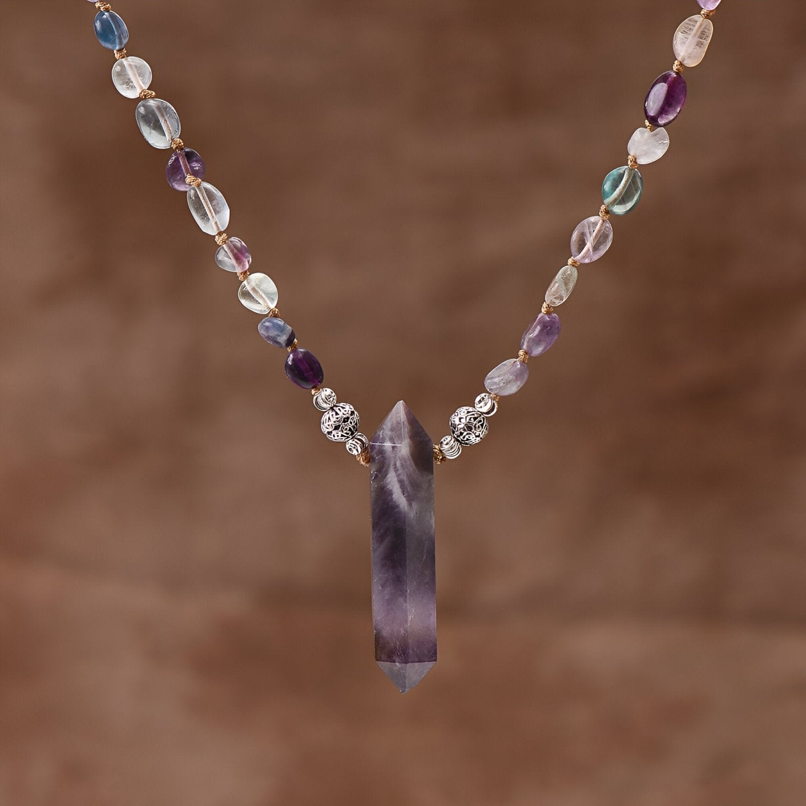 Sautoir bohème en améthyste, pendentif cristal en pointe pour femme, modèle Feng
