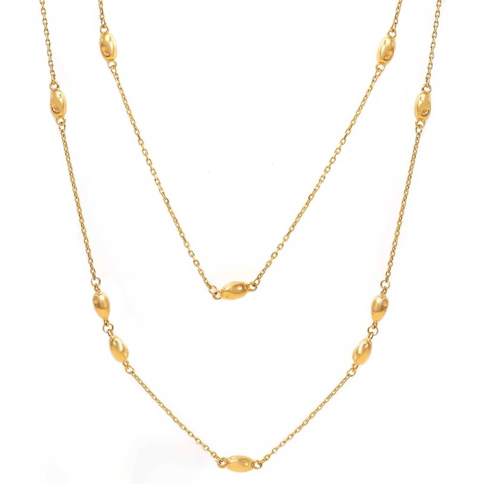 Sautoir double rangs pour femme, maille fine et perles ovales, en acier inoxydable