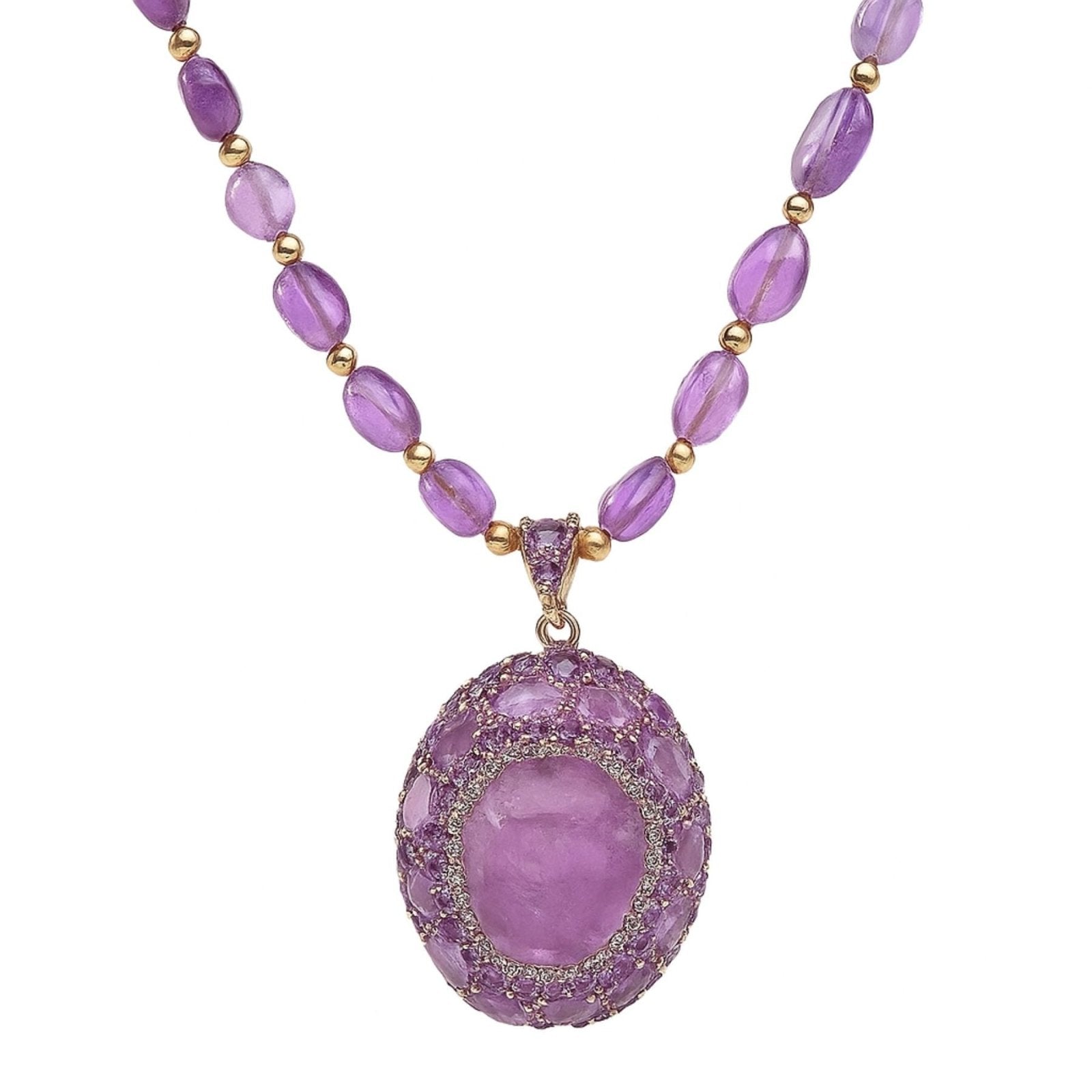 Sautoir en perles d’améthyste avec pendentif ovale, détails dorée, modèle Violette