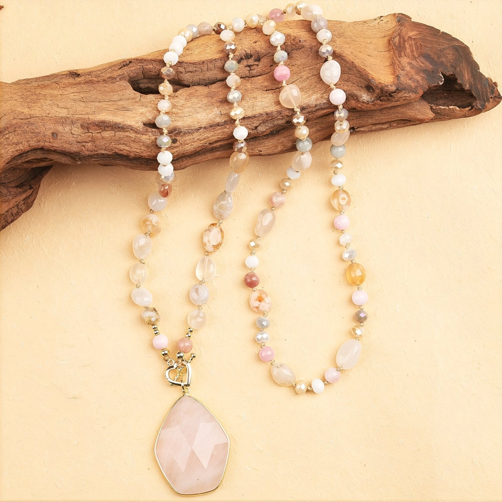 Sautoir en pierres naturelles de quartz rose, pendentif facetté, style bohème romantique, modèle Florentine