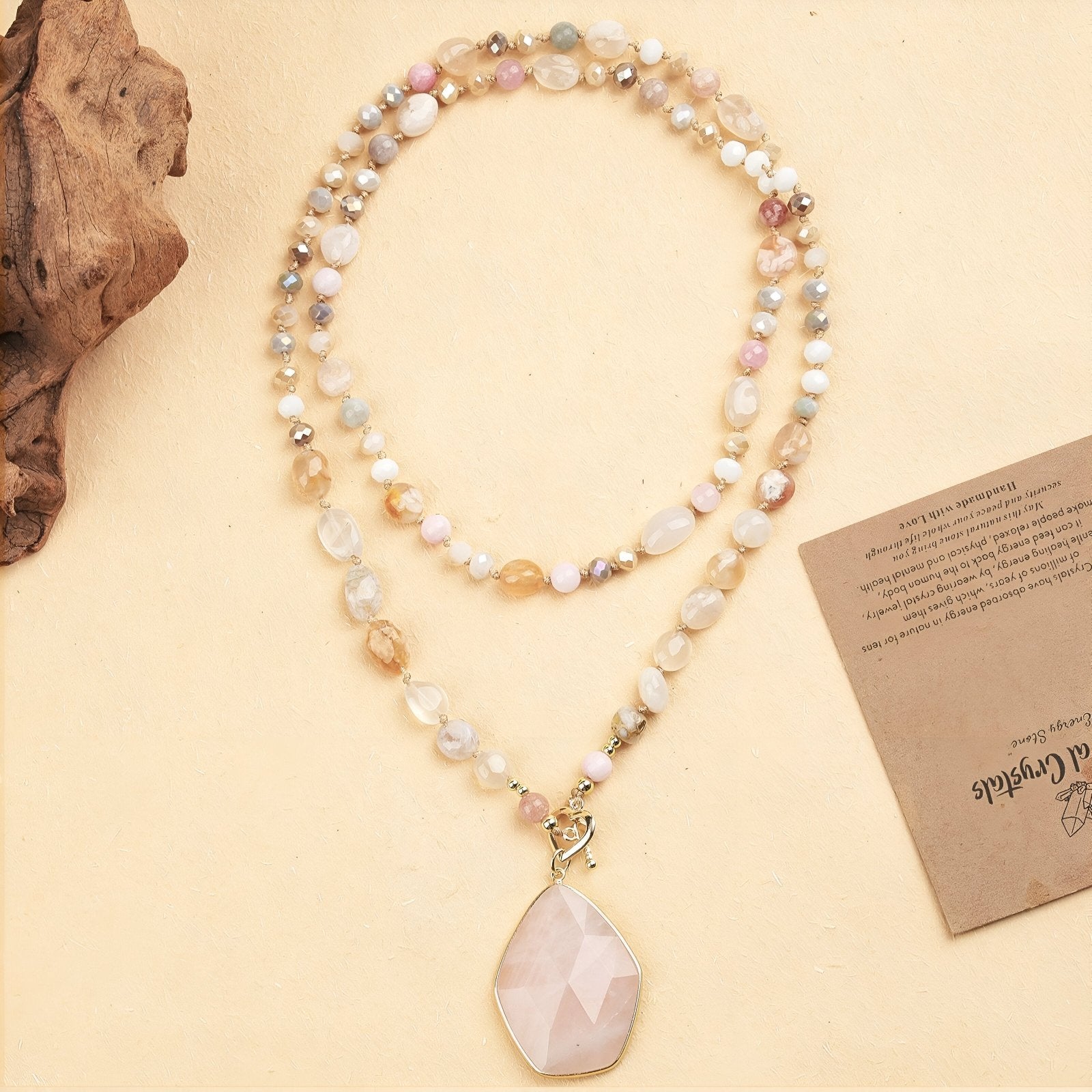 Sautoir en pierres naturelles de quartz rose, pendentif facetté, style bohème romantique, modèle Florentine