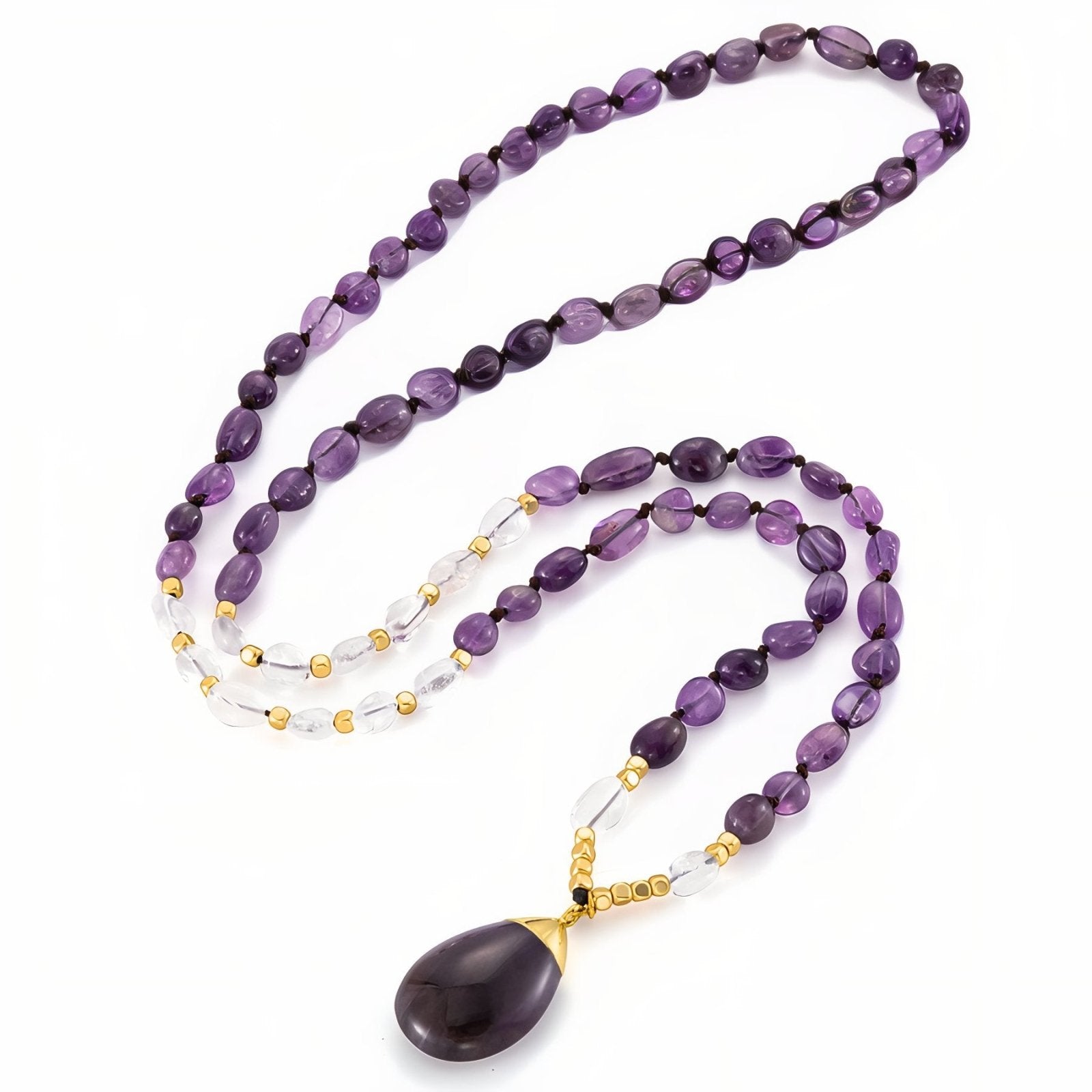 Sautoir en pierres naturelles quartz rose et améthyste, style bohème romantique, modèle Elenya
